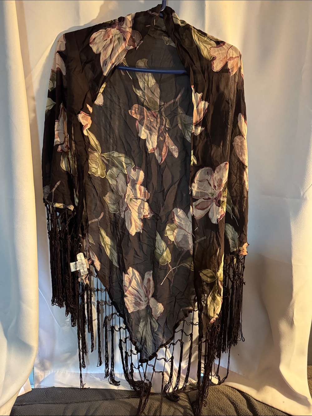 Newport News Black Floral Fringe Sheer Shawl